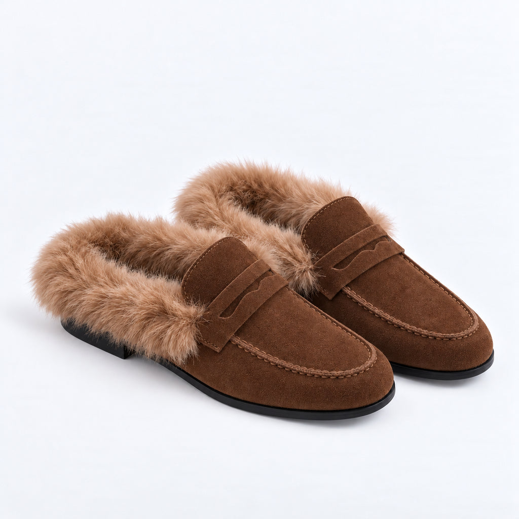 The Dual Stride Women's Brown Suede Faux Fur Loafer Mules – Runs One Size Small