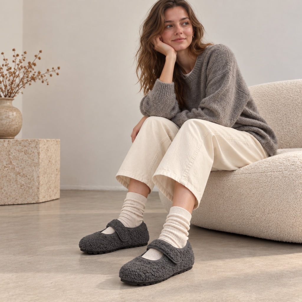 The Dual Stride Gray Cozy Fleece Mary Jane Flats