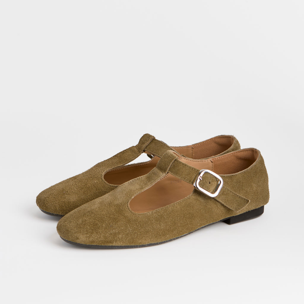 The Dual Stride Khaki Vintage Suede T-Strap Mary Jane Shoes