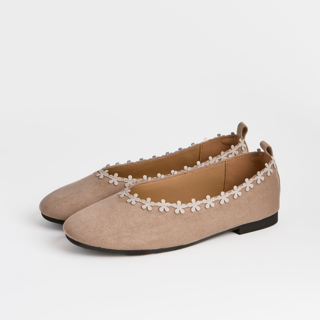 The Dual Stride Beige Floral-Trim Suede Ballet Flats