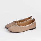 The Dual Stride Beige Floral-Trim Suede Ballet Flats