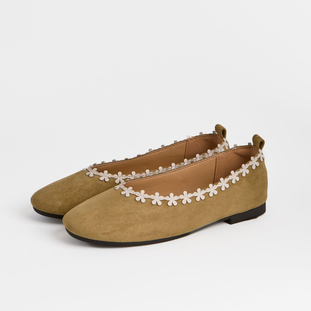 The Dual Stride Green Floral-Trim Suede Ballet Flats