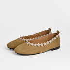 The Dual Stride Green Floral-Trim Suede Ballet Flats