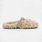 The Dual Stride Beige Curly Faux Fur Rhinestone Mule Slippers