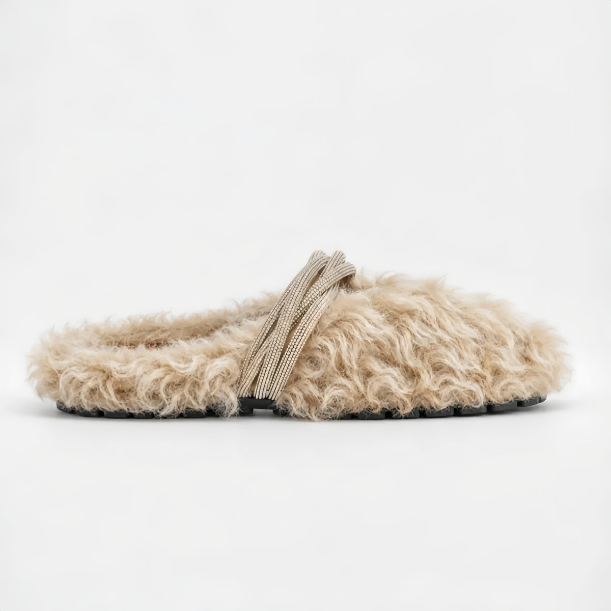 The Dual Stride Beige Curly Faux Fur Rhinestone Mule Slippers