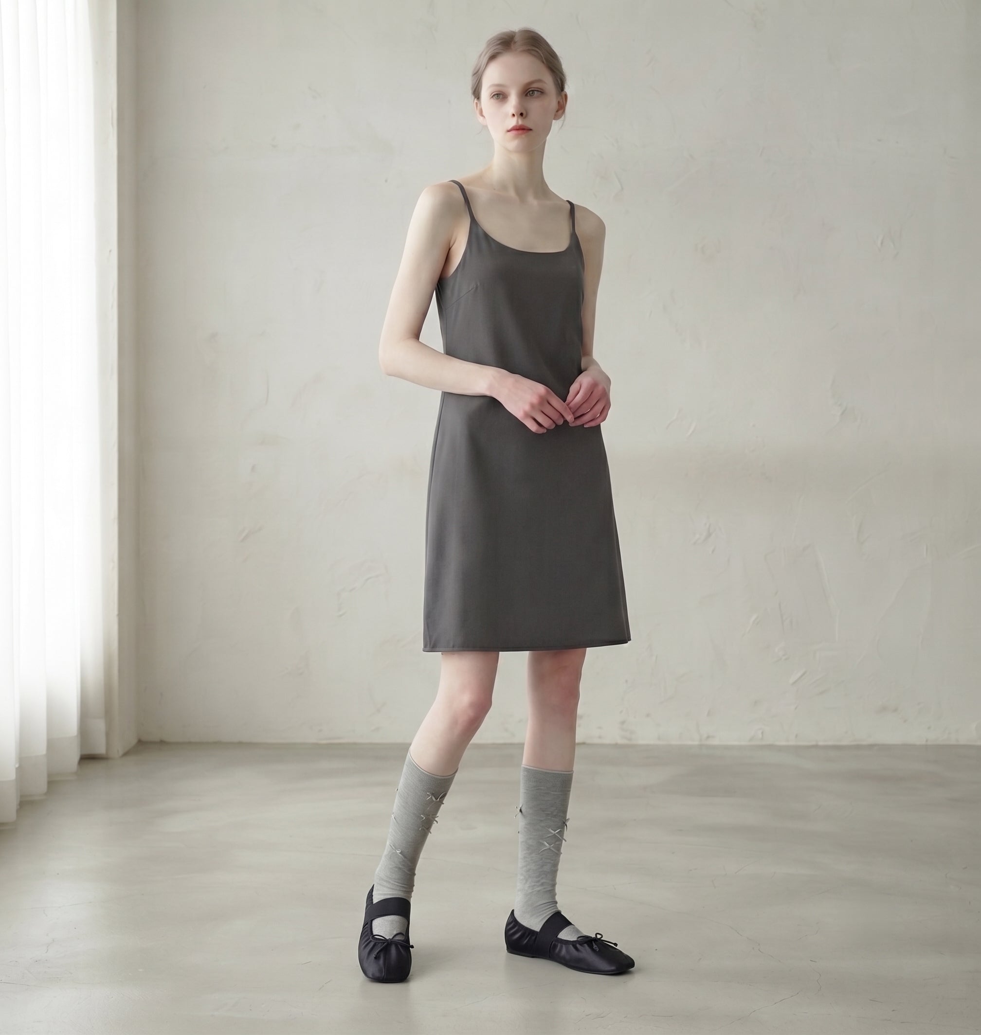 The Dual Stride Black Lace-up Satin Mary-Jane Ballet Flats