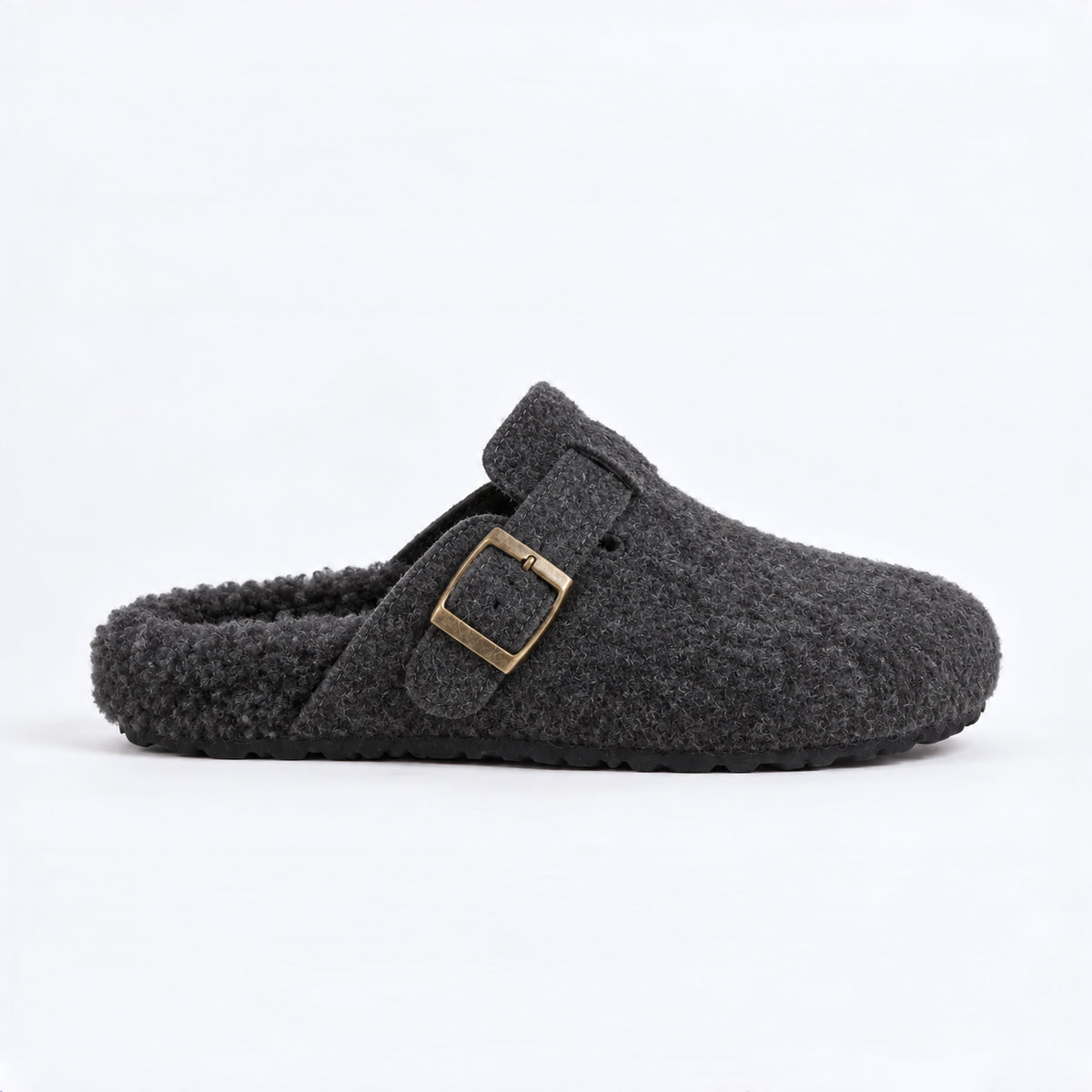 The Dual Stride Cozy Gray Fleece Buckle Mules