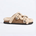 The Dual Stride Women's Brown Cozy Fleece Double Buckle Slides