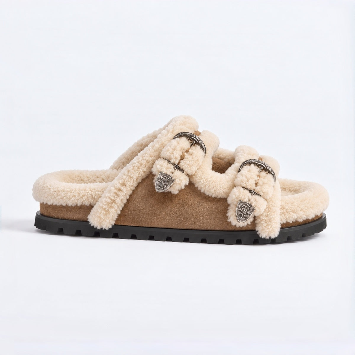 The Dual Stride Women's Brown Cozy Fleece Double Buckle Slides