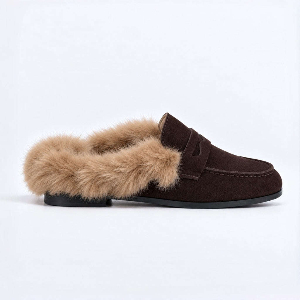 The Dual Stride Women's Dark Brown Suede Faux Fur Loafer Mules – Runs One Size Small