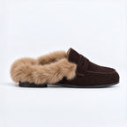 The Dual Stride Women's Dark Brown Suede Faux Fur Loafer Mules – Runs One Size Small