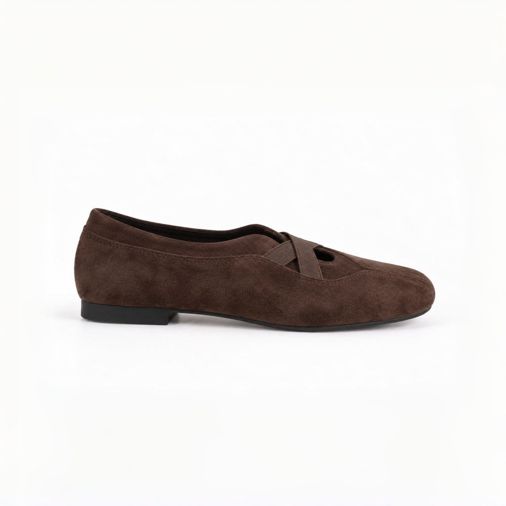 The Dual Stride Dark Brown Suede Cross‑Strap Ballet Flats