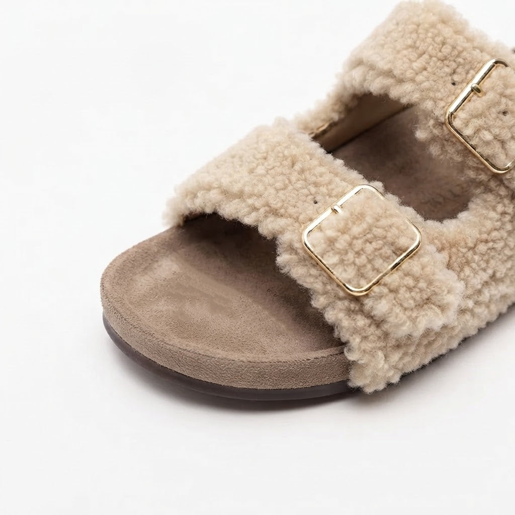 The Dual Stride Beige Curly Faux Fur Double Buckle Slide Sandals