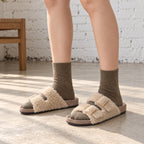 The Dual Stride Beige Curly Faux Fur Double Buckle Slide Sandals