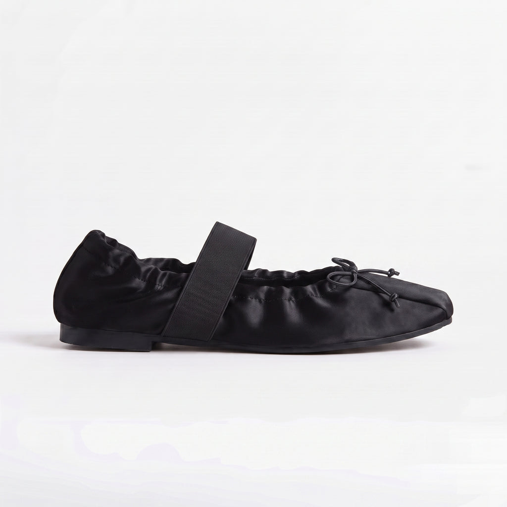 The Dual Stride Black Lace-up Satin Mary-Jane Ballet Flats