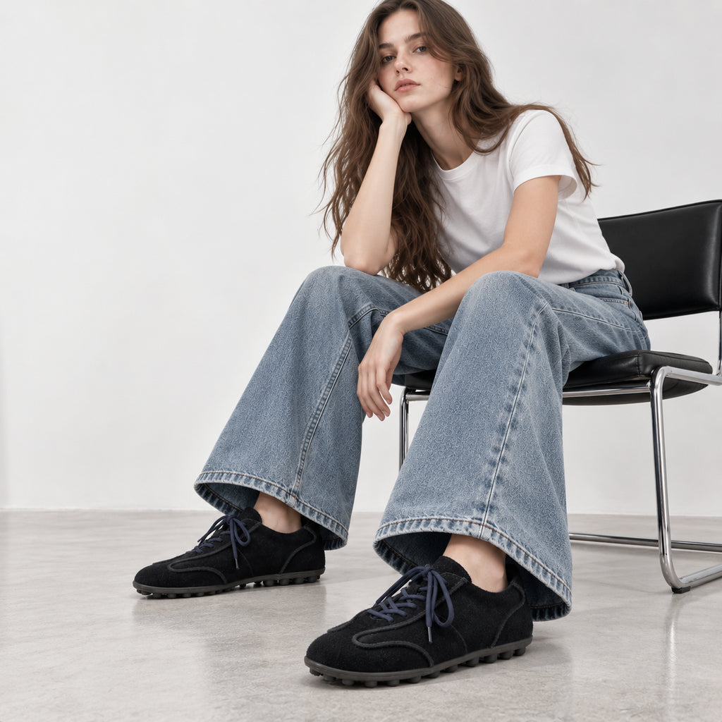 The Dual Stride Navy Blue Suede Retro Sneakers