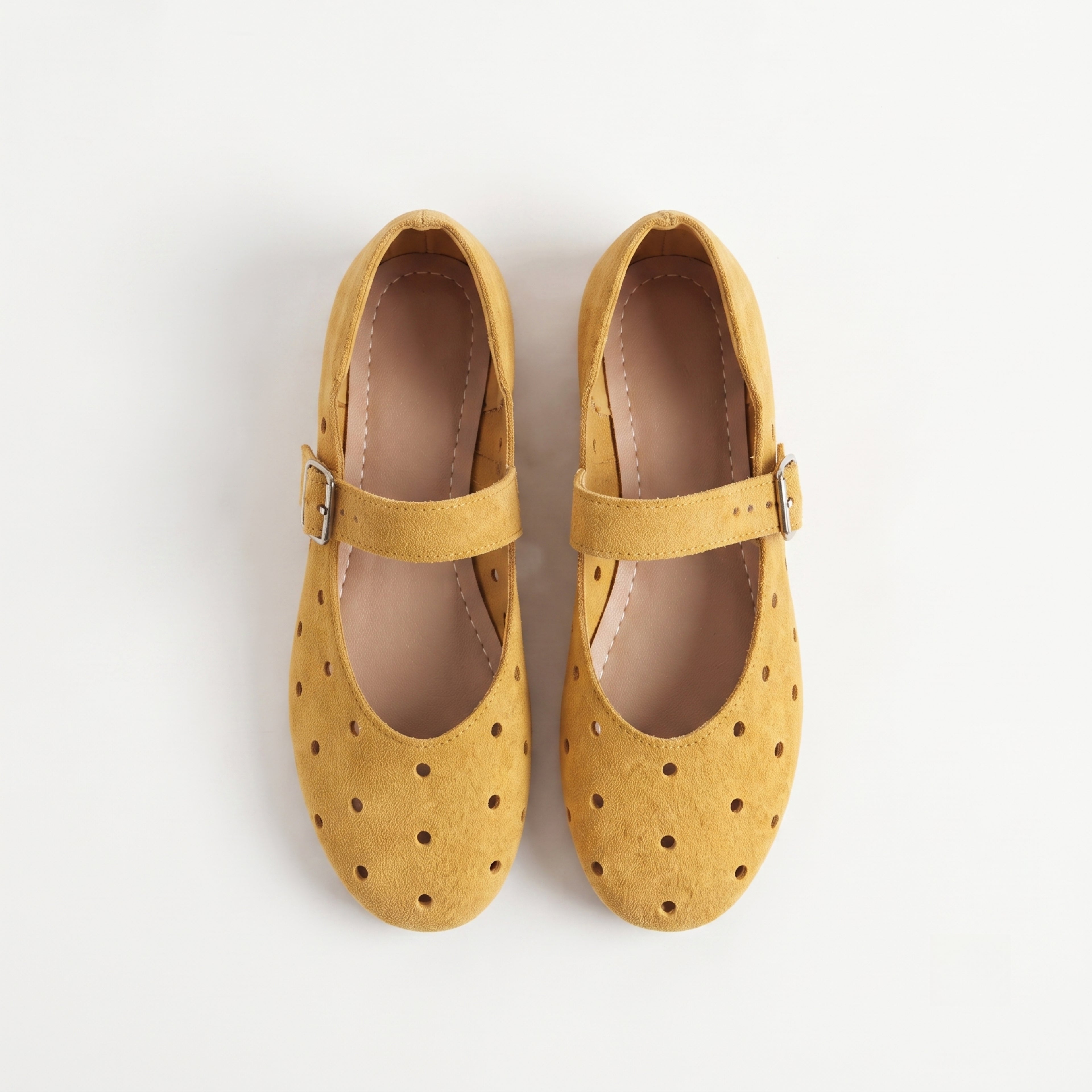 The Dual Stride  Women's Yellow Perforated Suede Mary Jane Flats
