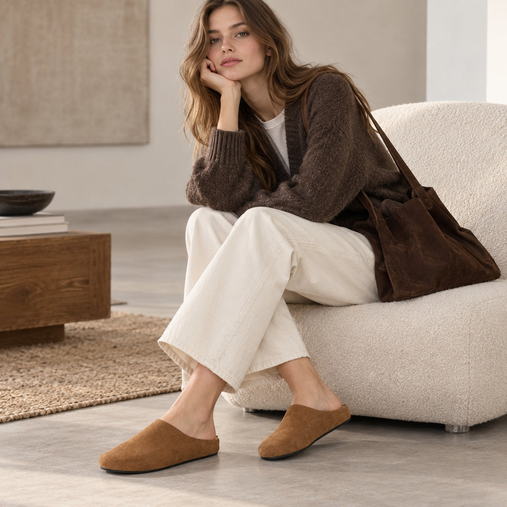 The Dual Stride Camel Brown Suede Slip-On Mules