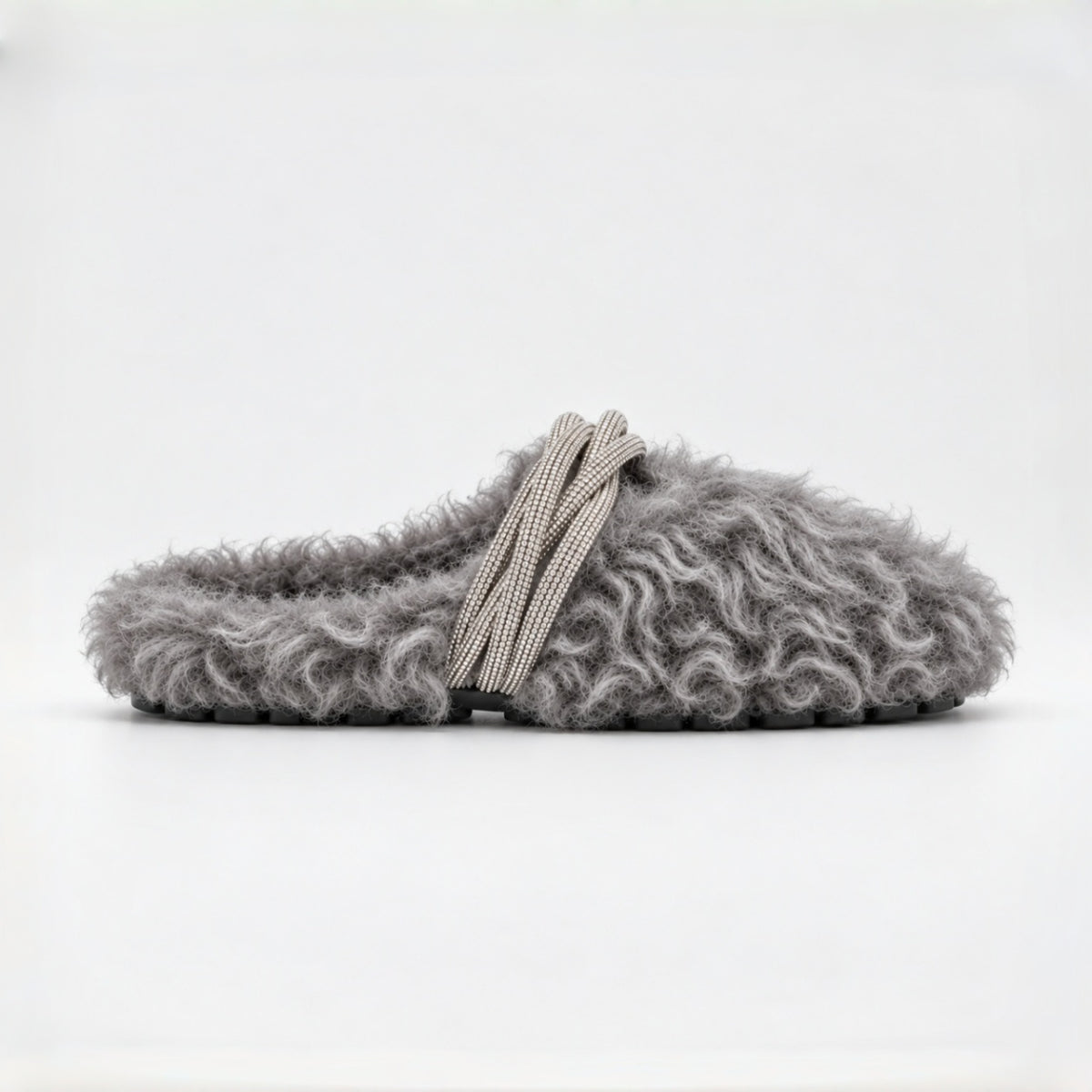 The Dual Stride Gray Curly Faux Fur Rhinestone Mule Slippers