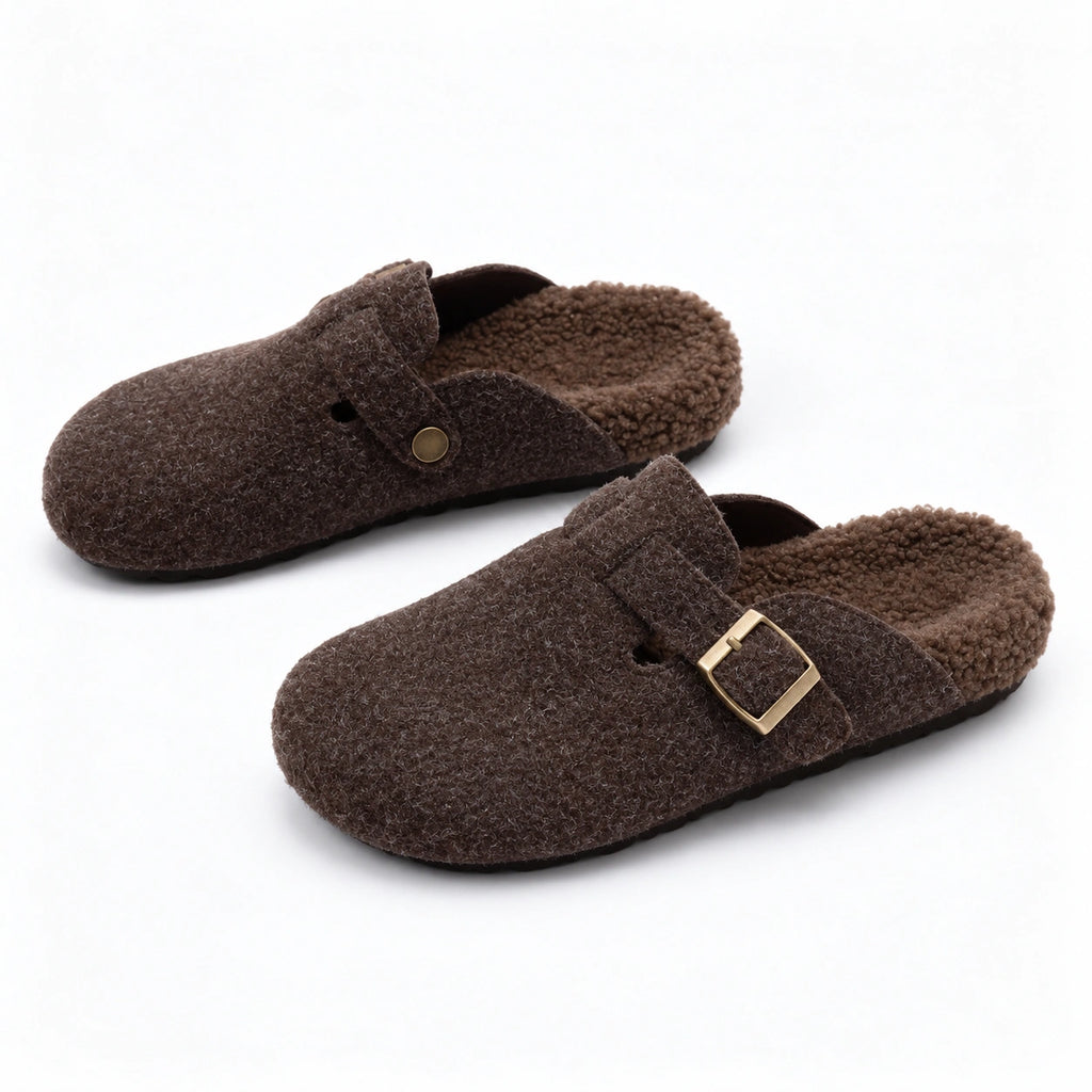 The Dual Stride Cozy Brown Fleece Buckle Mules