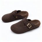 The Dual Stride Cozy Brown Fleece Buckle Mules