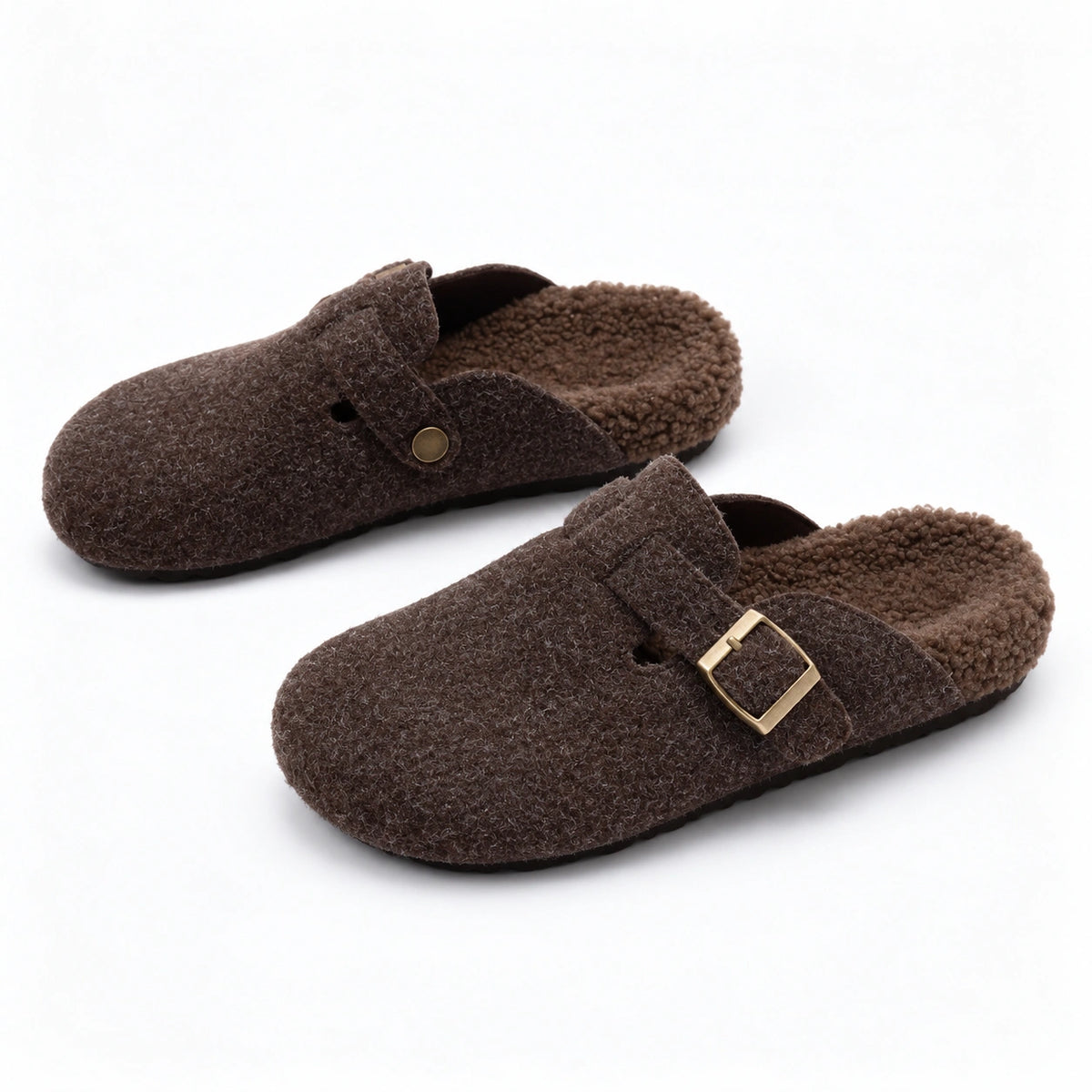 The Dual Stride Cozy Brown Fleece Buckle Mules