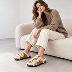 The Dual Stride Women's Brown Cozy Fleece Double Buckle Slides