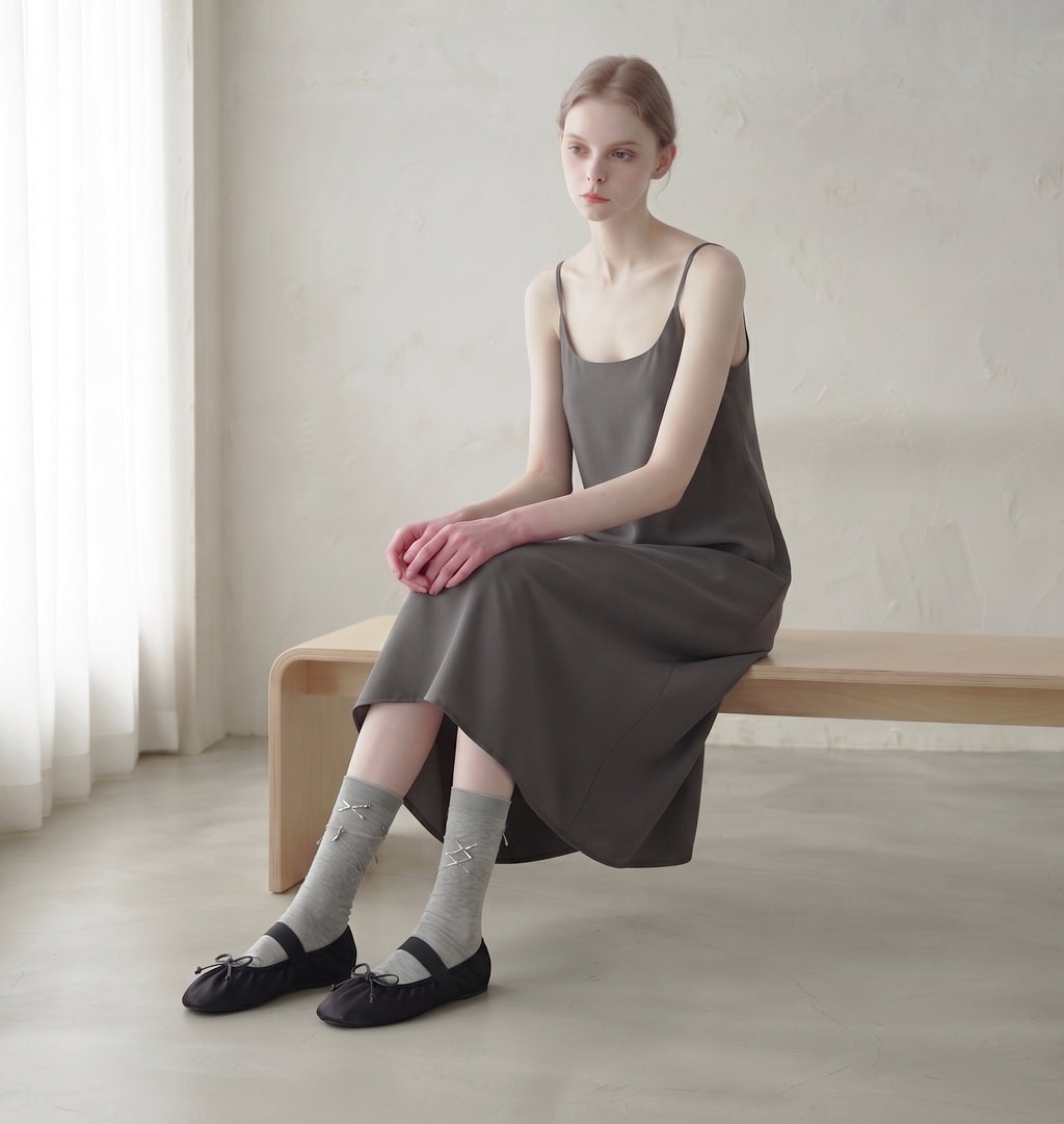 The Dual Stride Black Lace-up Satin Mary-Jane Ballet Flats