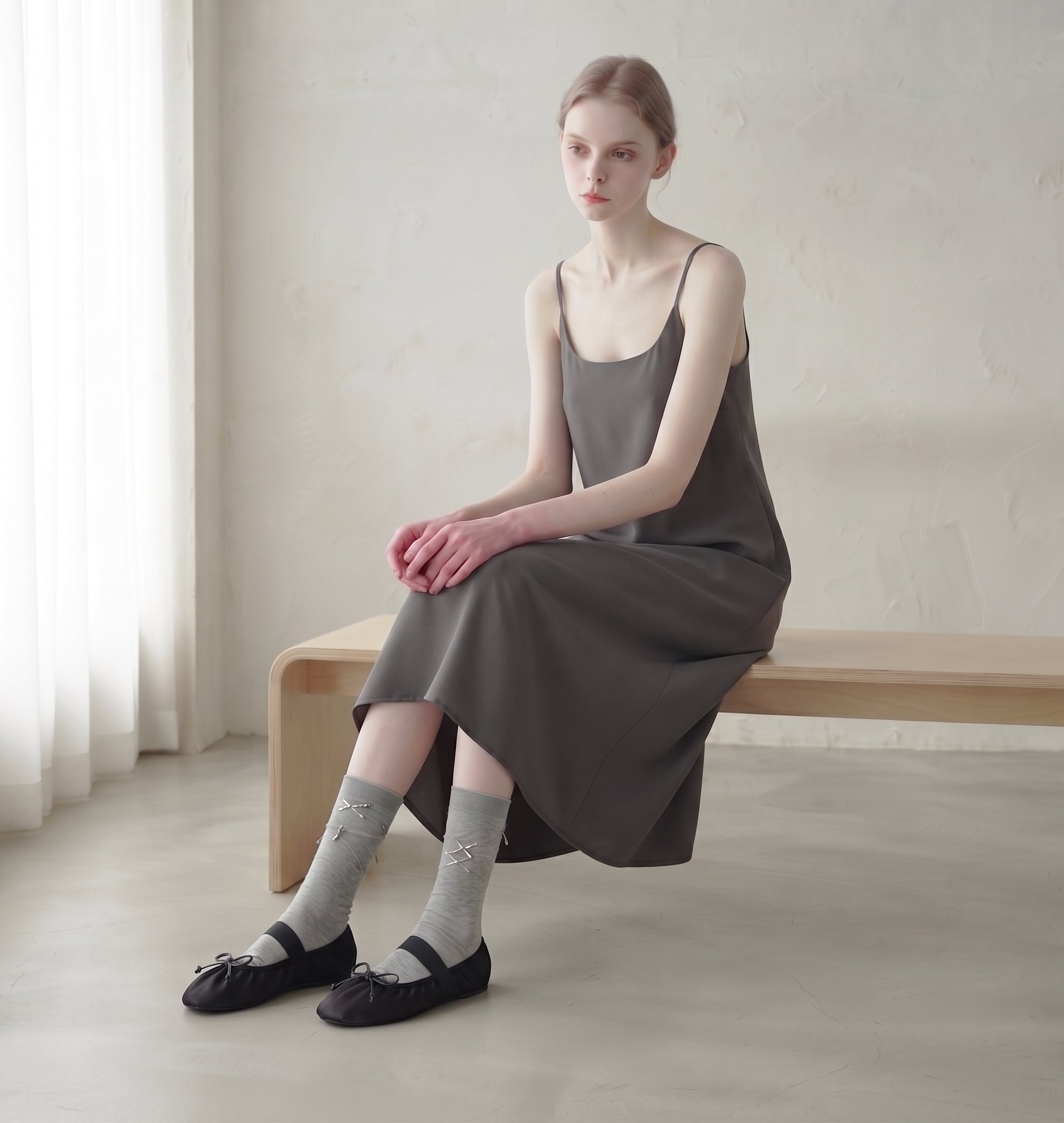 The Dual Stride Black Lace-up Satin Mary-Jane Ballet Flats