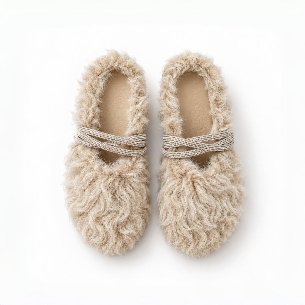 The Dual Stride Beige Curly Faux Fur Rhinestone Mule Slippers