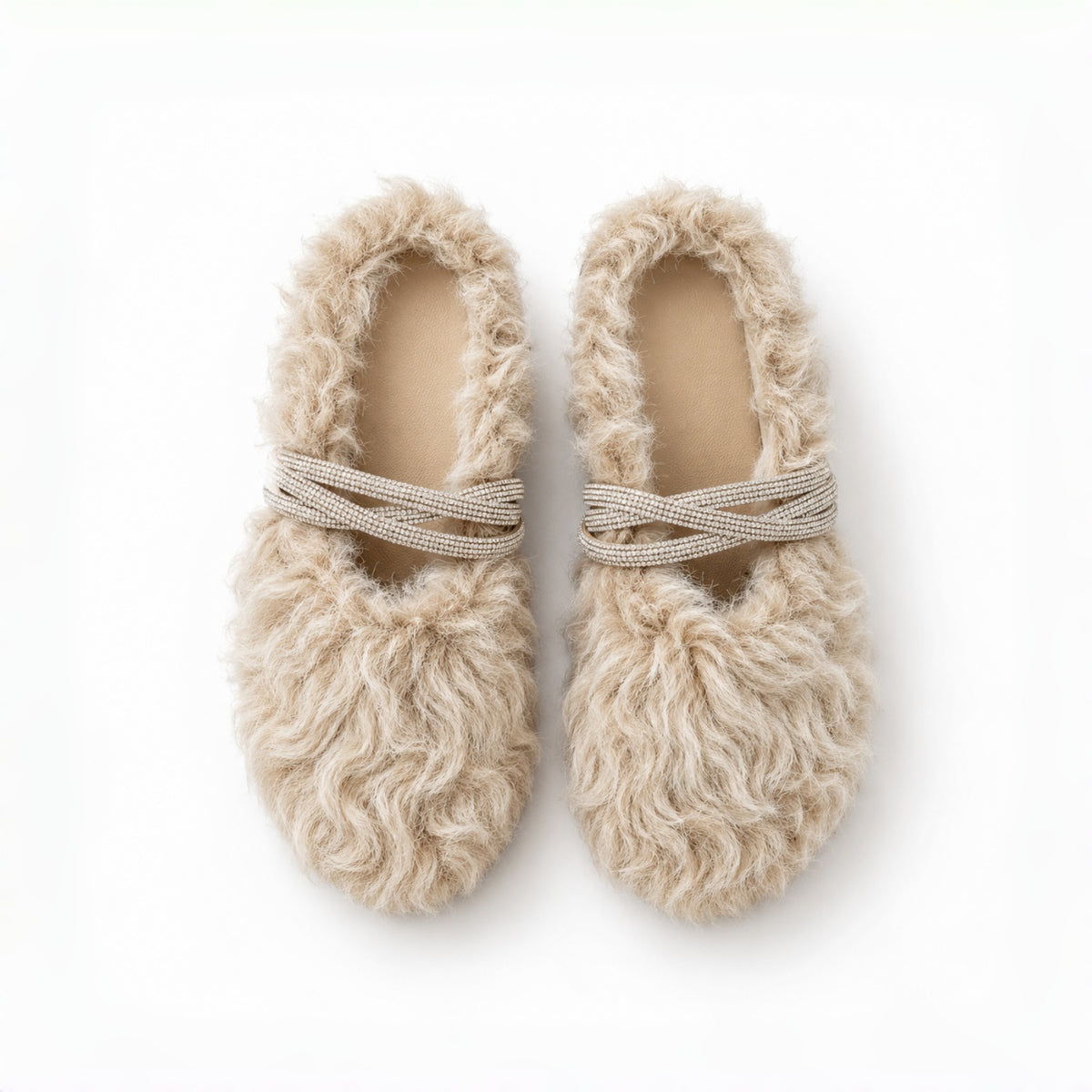 The Dual Stride Beige Curly Faux Fur Rhinestone Mule Slippers