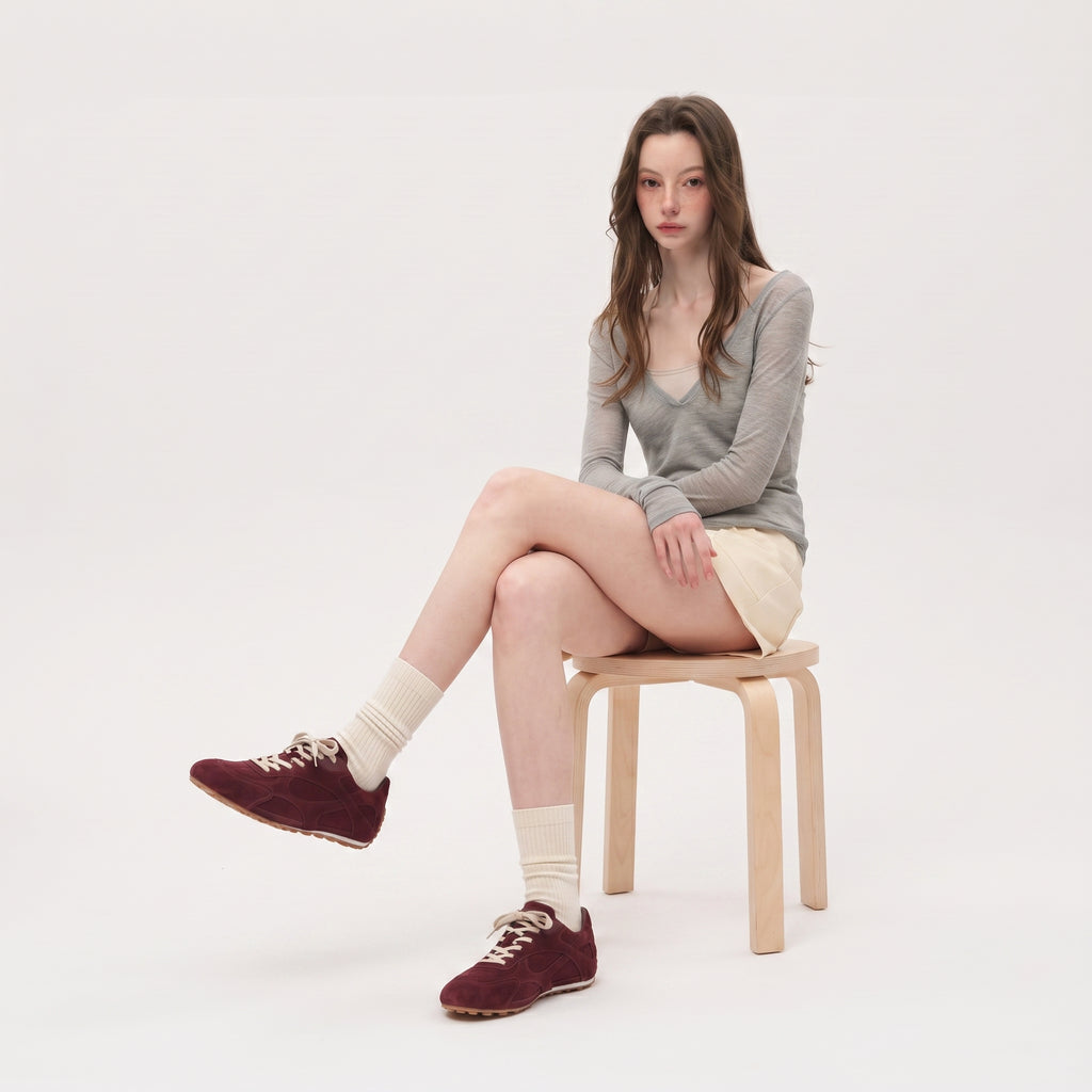 The Dual Stride Burgundy Suede Retro Running Sneakers