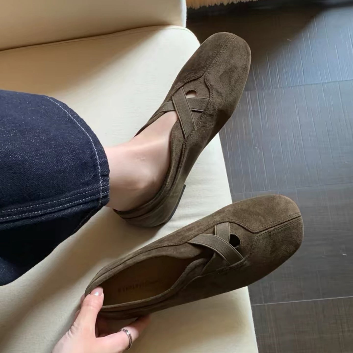The Dual Stride Olive Brown Suede Cross-Strap Ballet Flats