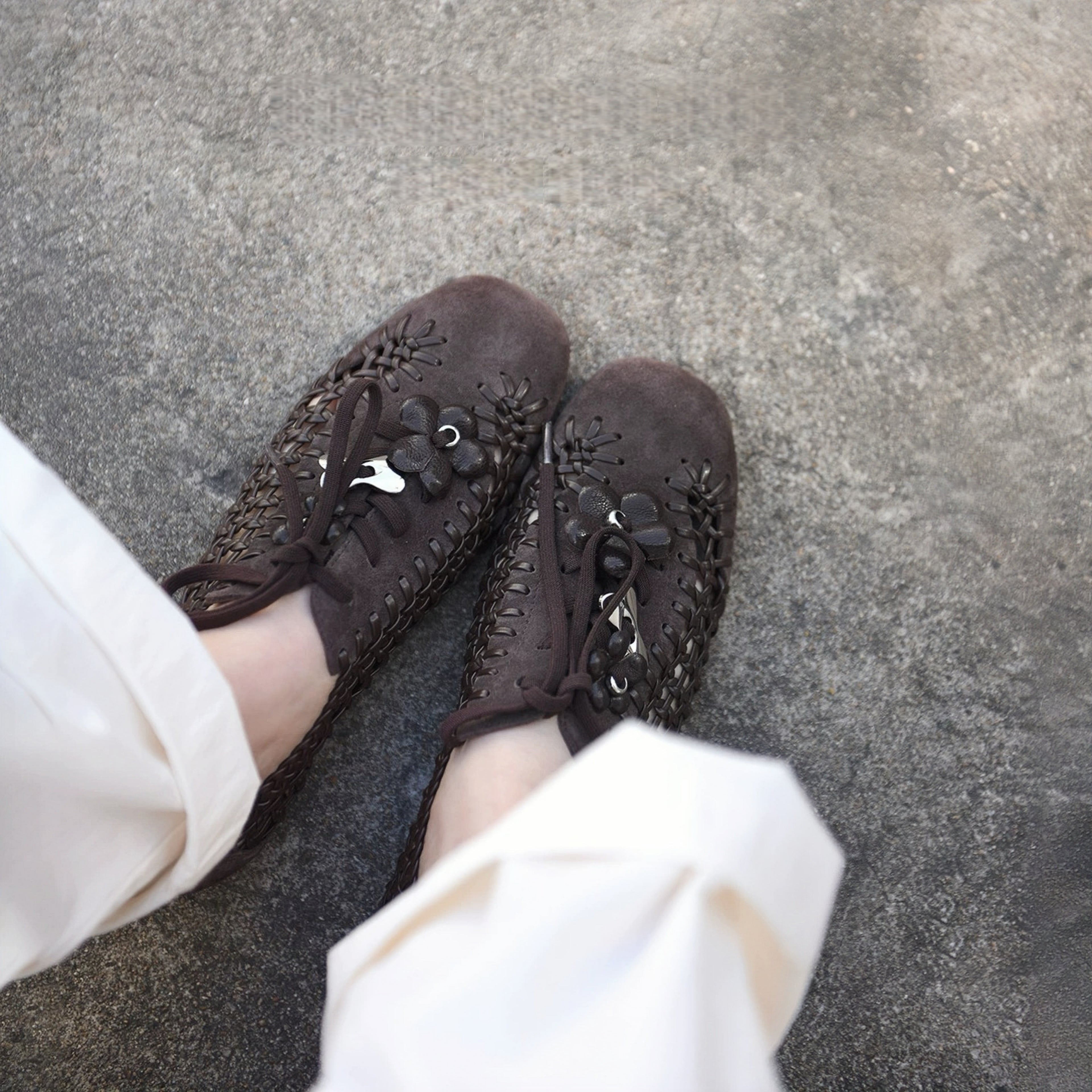 The Dual Stride Brown Open-Weave Suede Flats