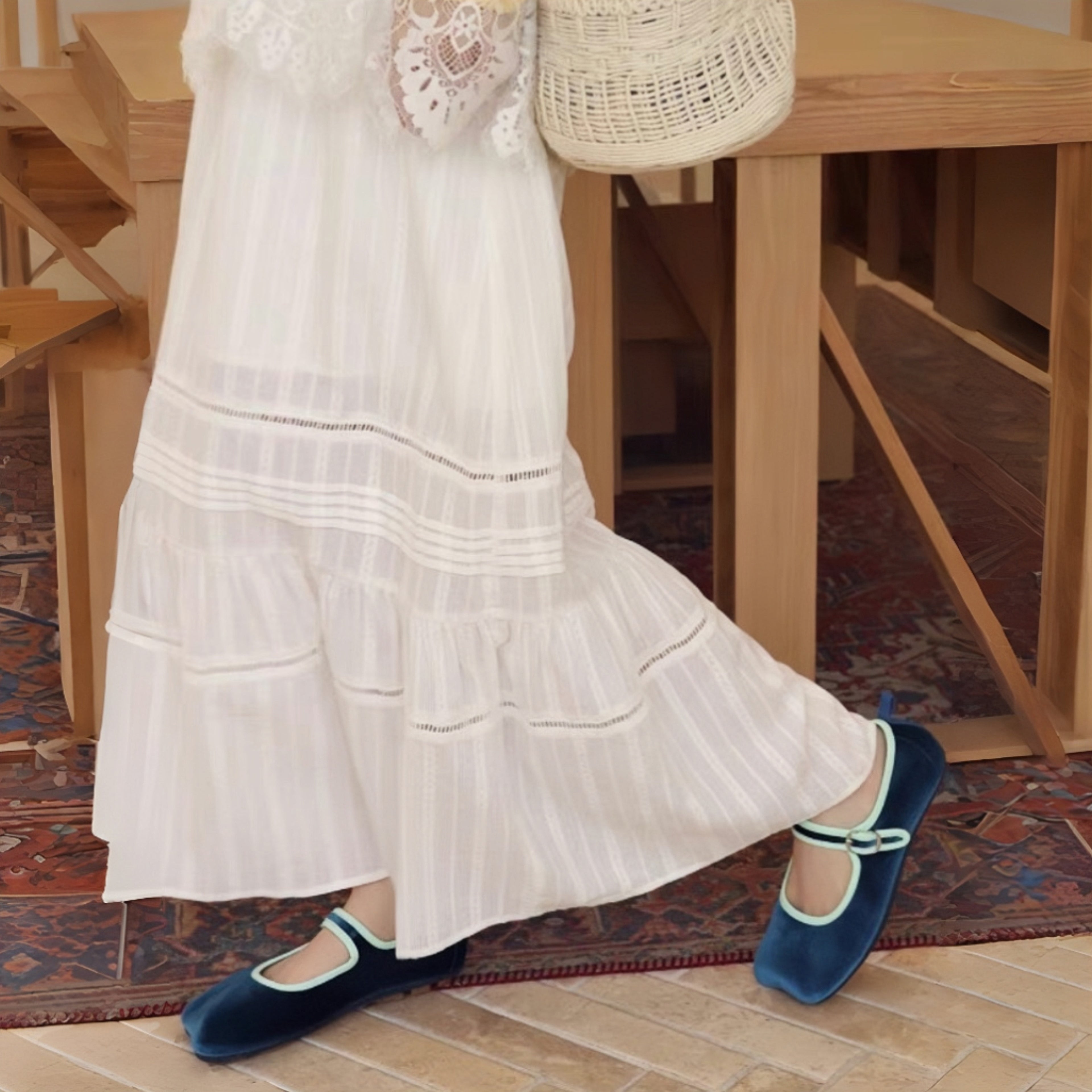 The Dual Stride Blue Square-Toe Mary Jane Ballet Flats