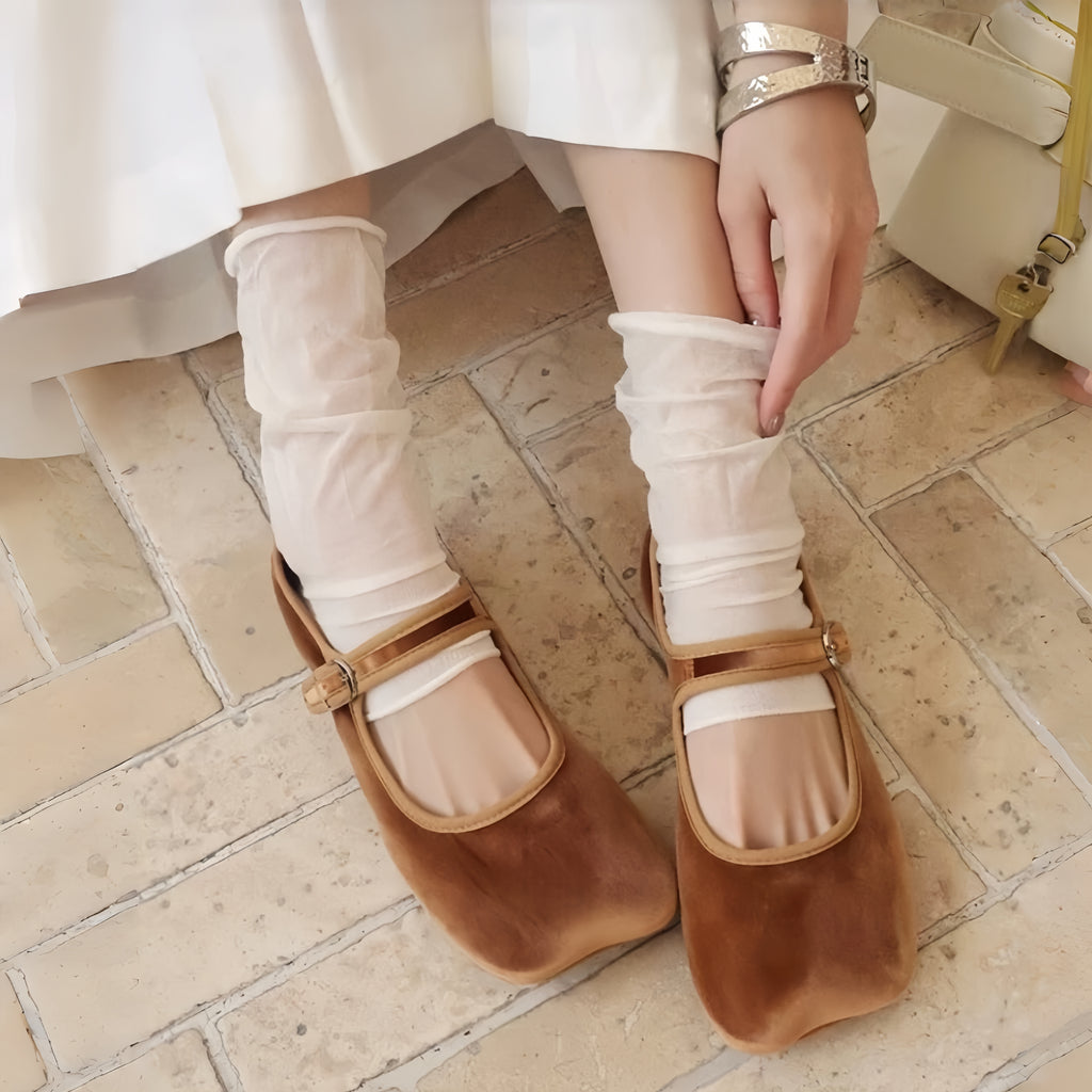 The Dual Stride Brown Square-Toe Mary Jane Ballet Flats