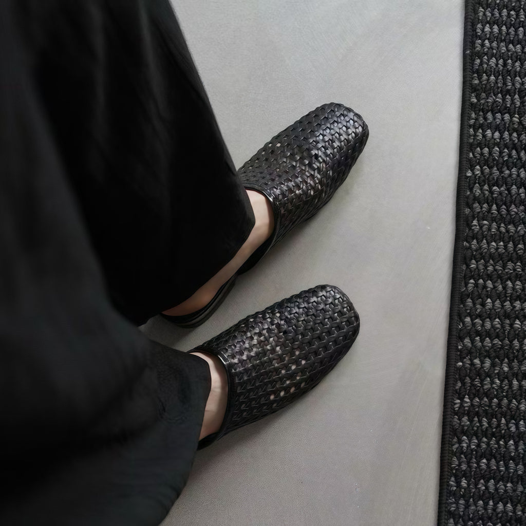 The Dual Stride Black Woven Leather Mules