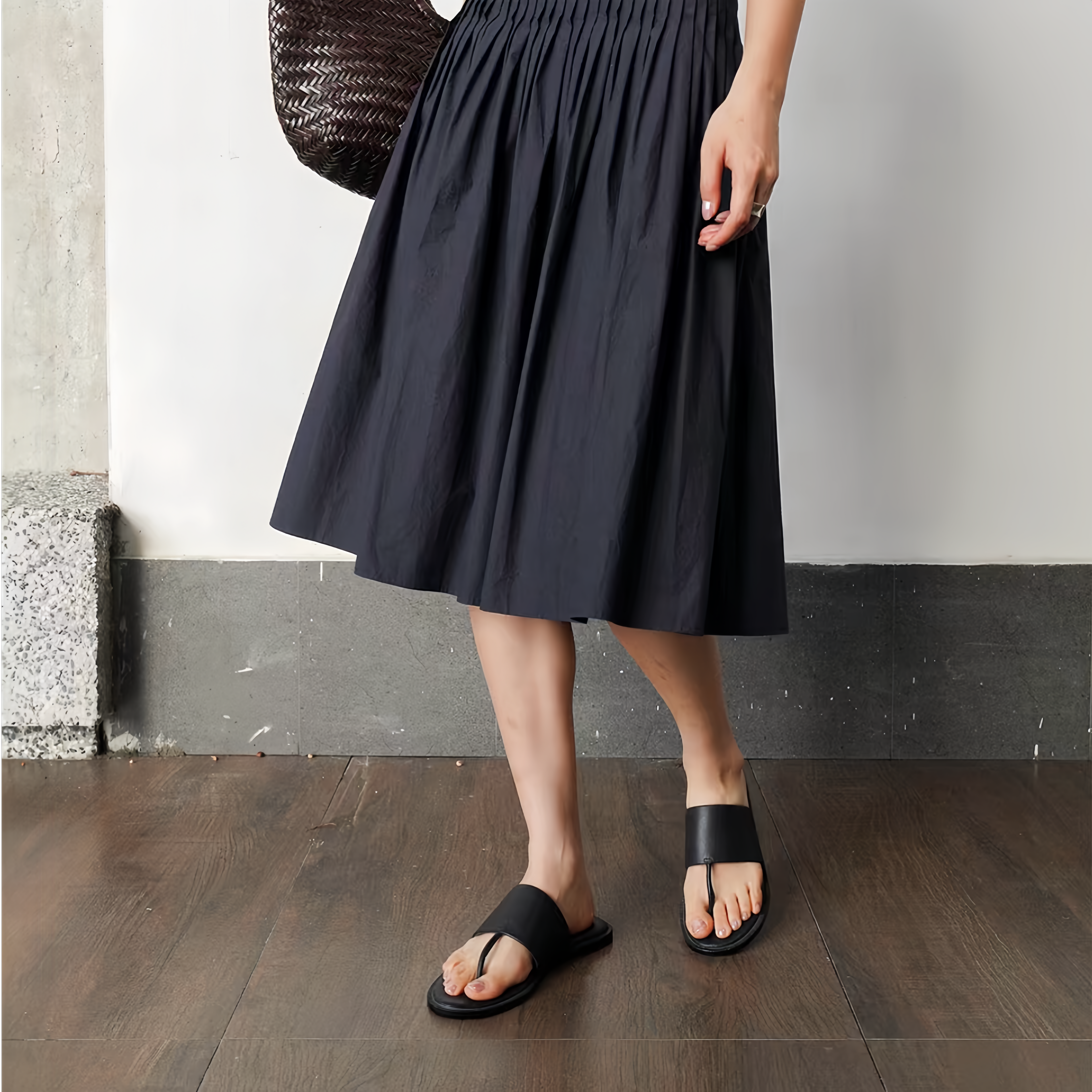 The Dual Stride Black Calfskin Thong Sandals