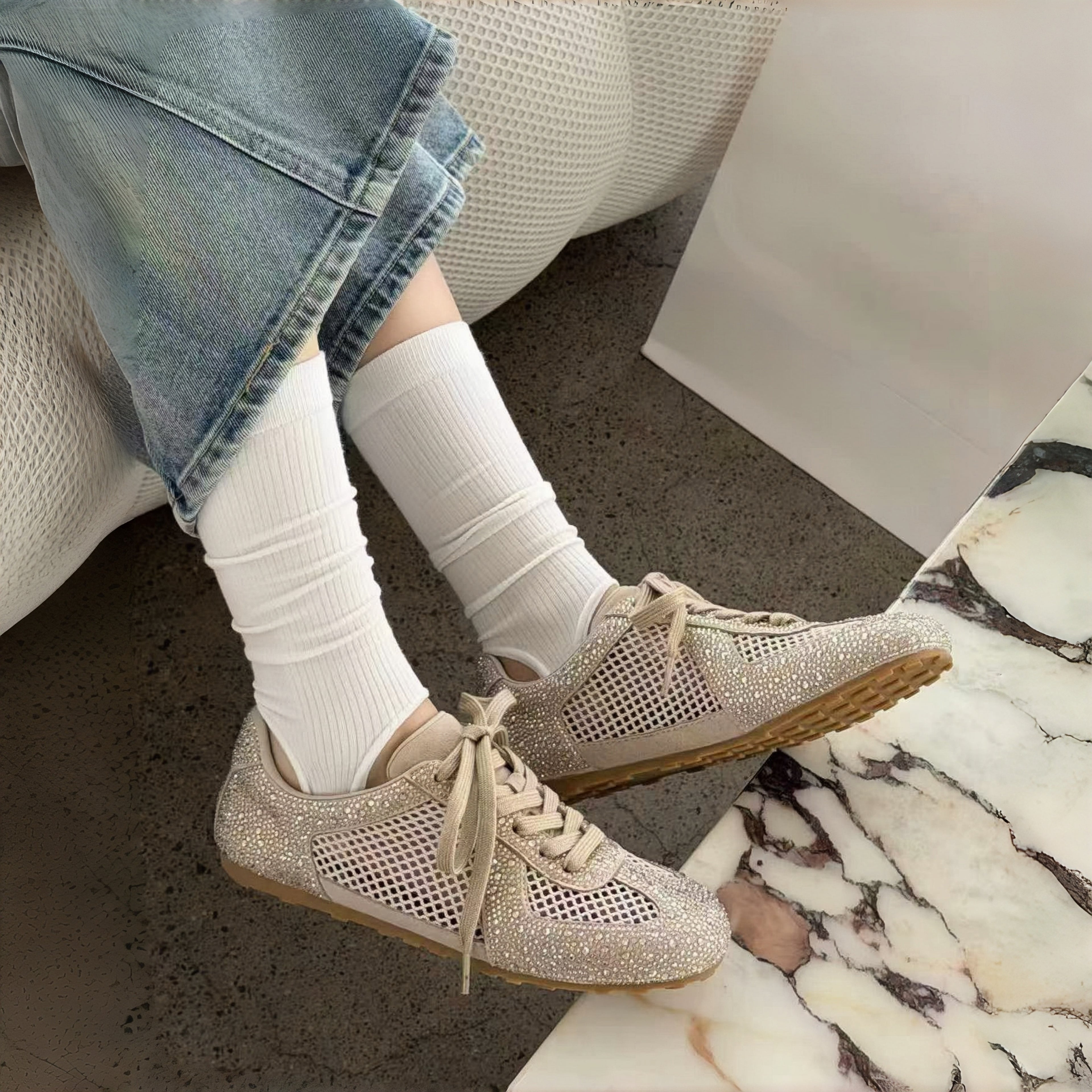 The Dual Stride Beige Sparkling Rhinestone Mesh Sneakers