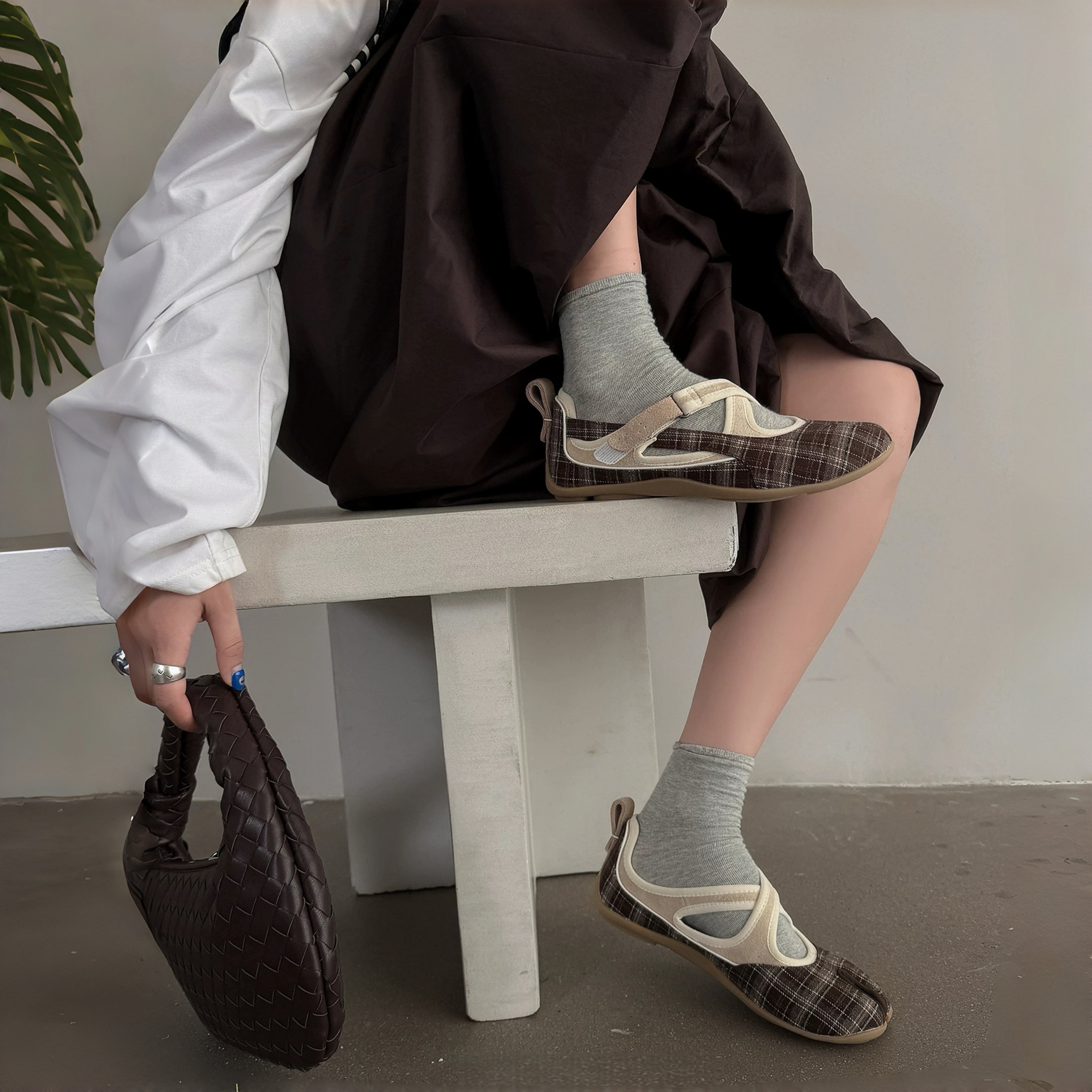 The Dual Stride Grey Vintage Plaid Tabi Mary Janes