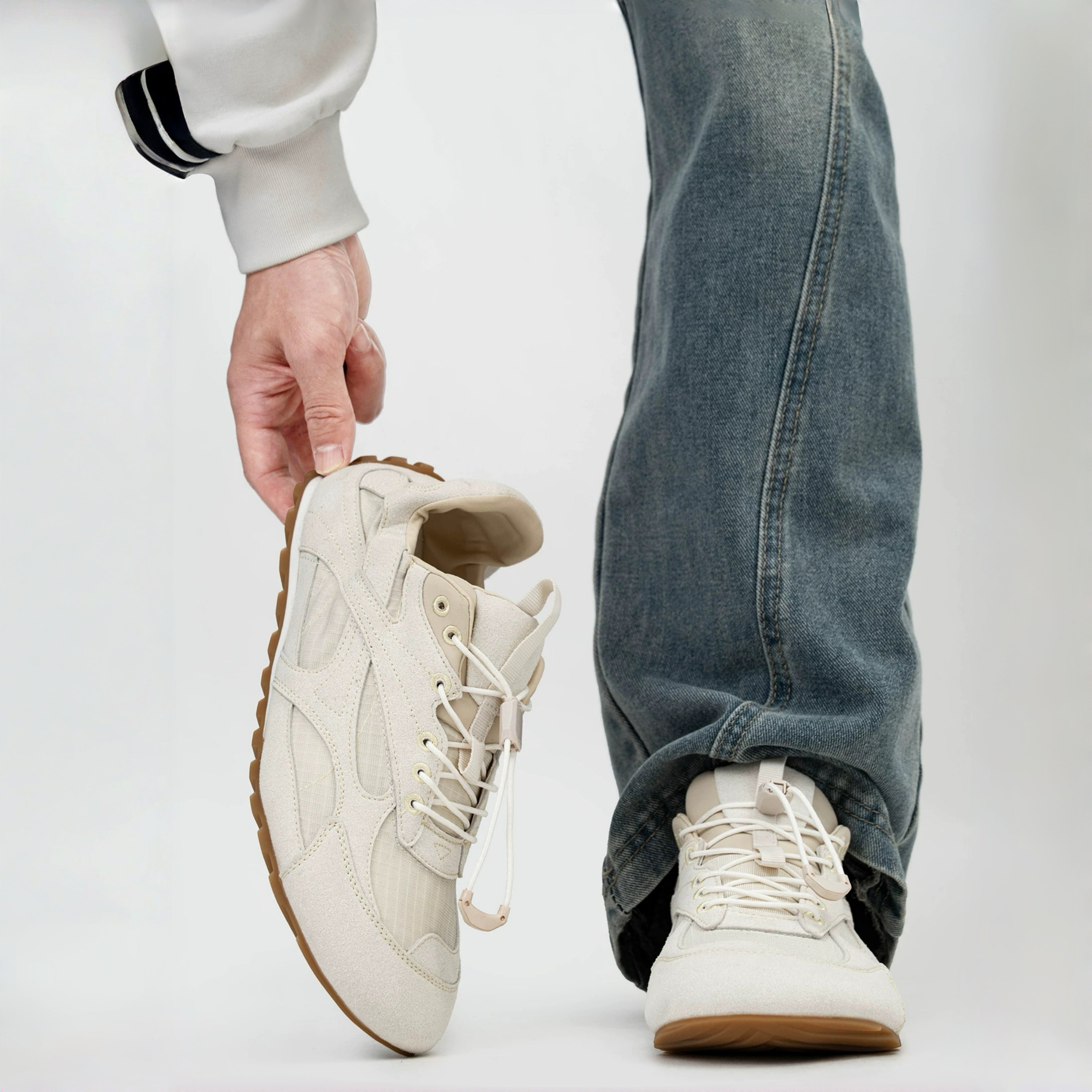 The Dual Stride Men's White Suede & Mesh Performance Sneakers