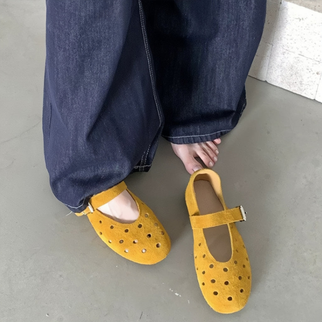 The Dual Stride  Women's Yellow Perforated Suede Mary Jane Flats