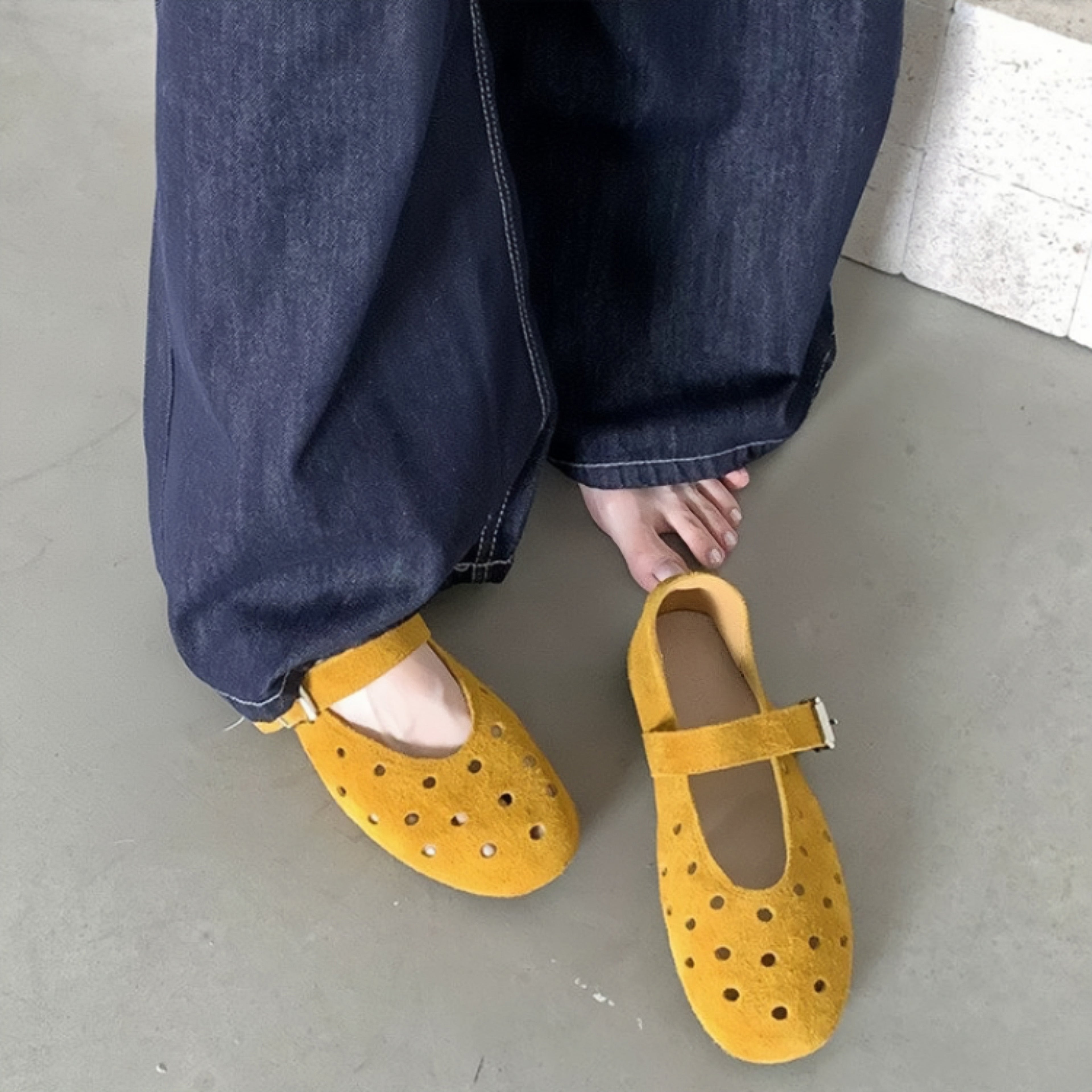 The Dual Stride  Women's Yellow Perforated Suede Mary Jane Flats