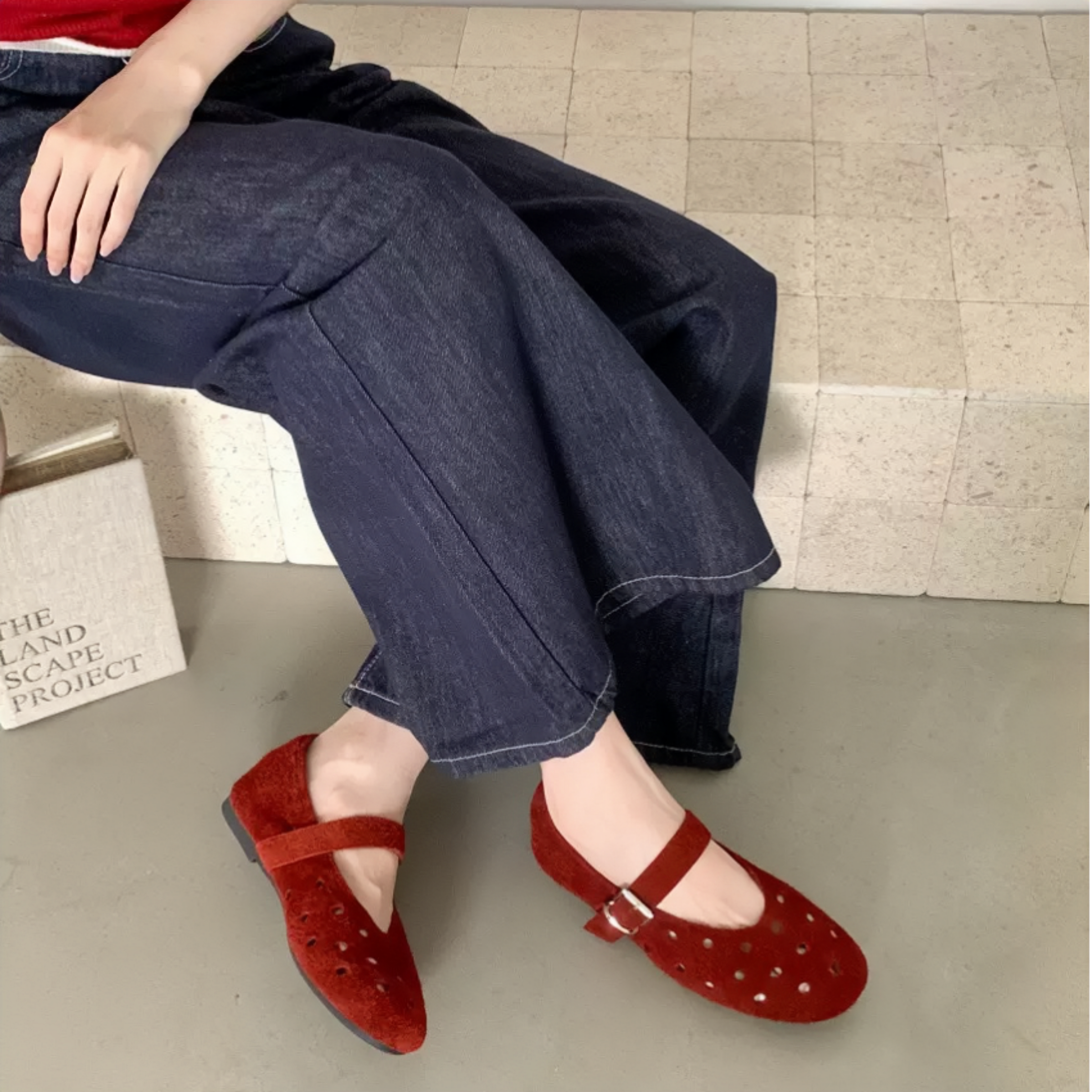 The Dual Stride Women's Red Perforated Suede Mary Jane Flats