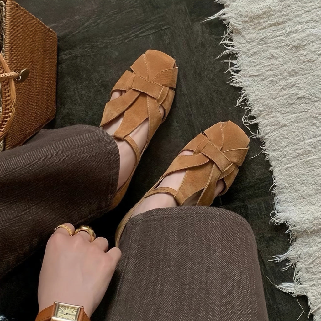 The Dual Stride Brown Handcrafted Suede T-Strap Flats