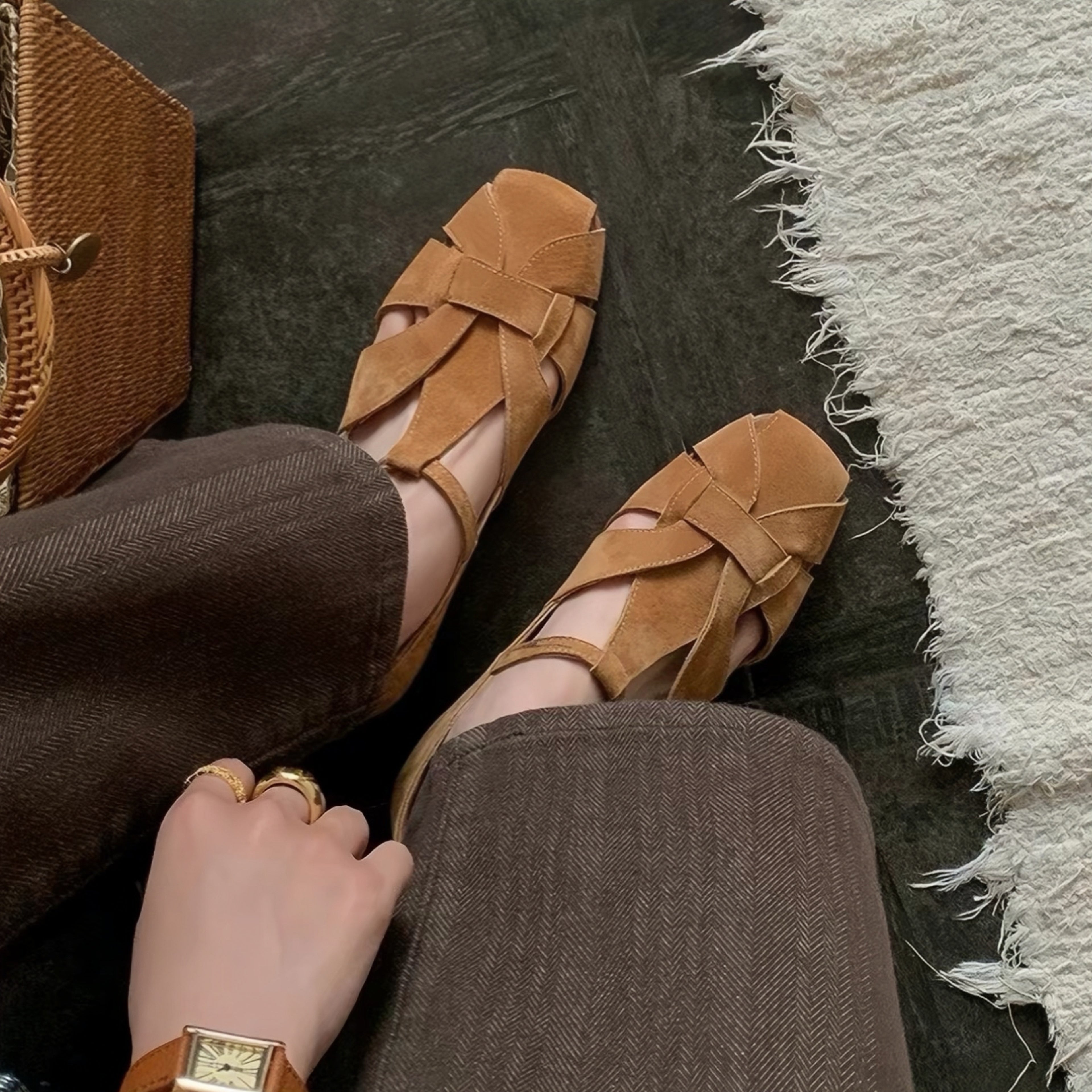 The Dual Stride Brown Handcrafted Suede T-Strap Flats
