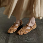 The Dual Stride Brown Handcrafted Suede T-Strap Flats