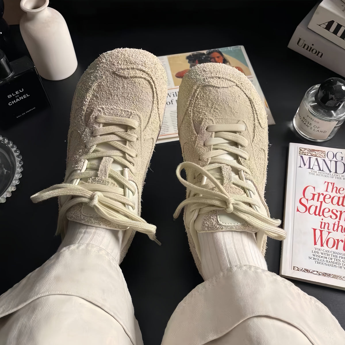 The Dual Stride White Suede Retro Low-Profile Sneakers for Women