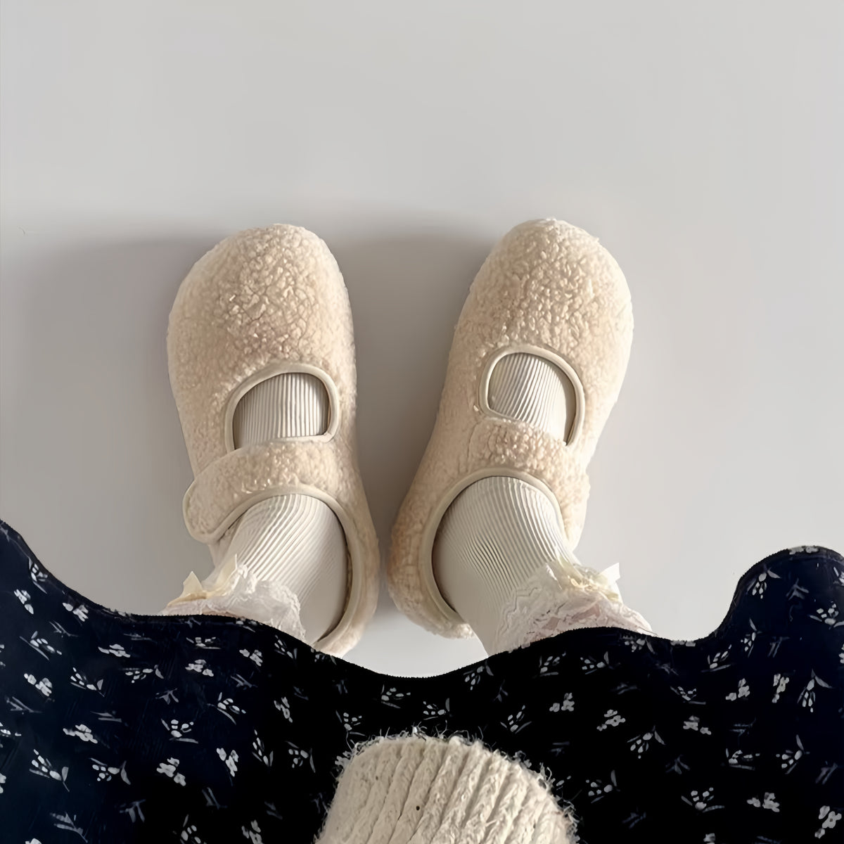 The Dual Stride  White  Cozy Fleece Mary Jane Flats