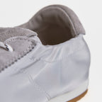 The Dual Stride Gray Square-Toe  Satin Trainer